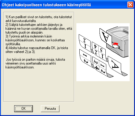 4 Ota tulostetut parilliset sivut luovutusalustalta ja aseta ne samassa järjestyksessä takaisin käsinsyöttöalustalle. Aseta paperi tulostettava (tyhjä) puoli ylöspäin.