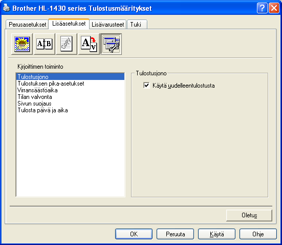 5 Laiteasetukset Tällä välilehdellä voidaan asettaa seuraavat Kirjoittimen toiminnot: (Kirjoittimen toiminnon tietoihin voidaan siirtyä napsauttamalla toiminnon
