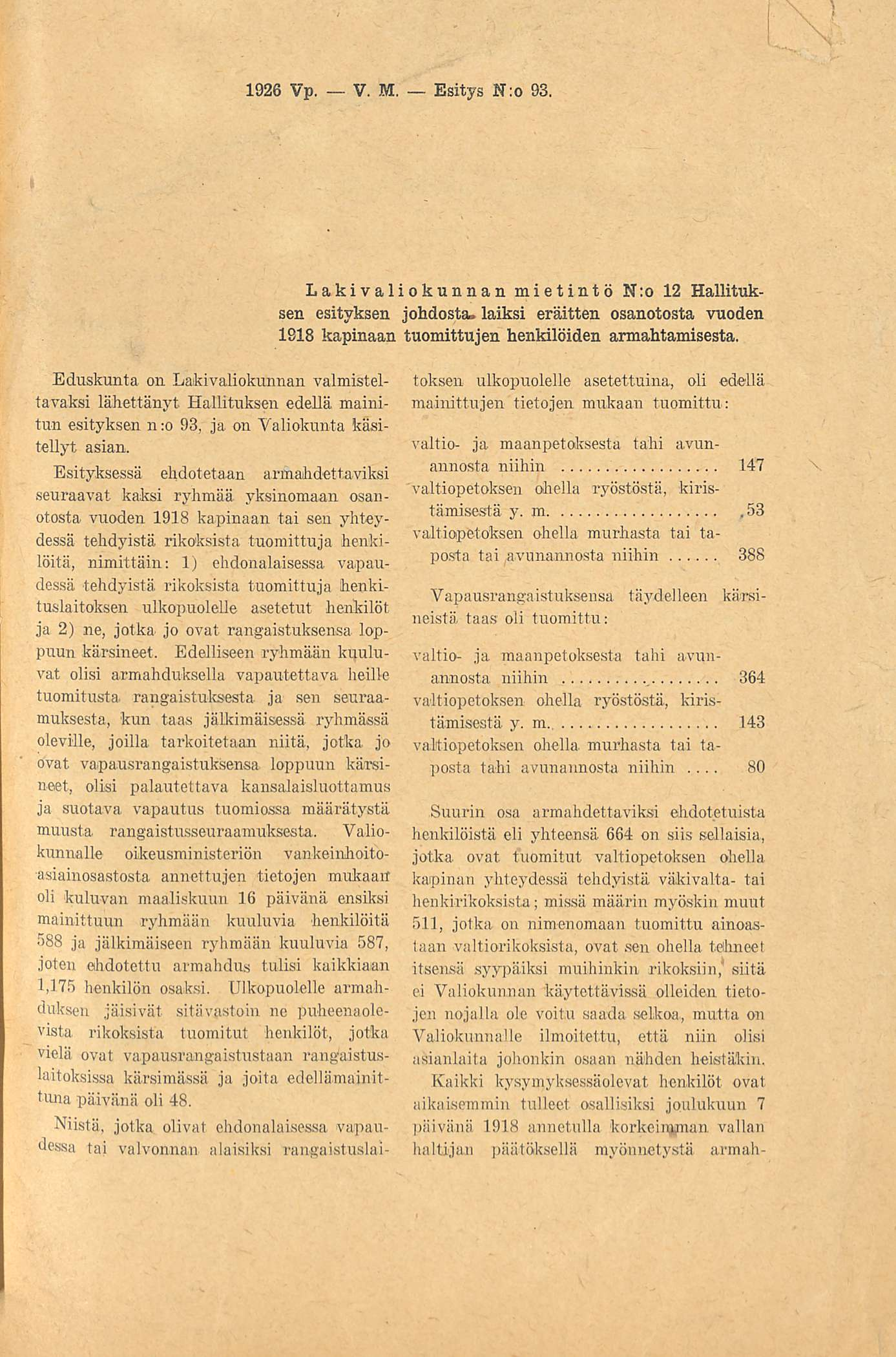 1926 Vp. V. M. Esitys N:o 93. Lakivaliokunnan mietintö N:o 12 Hallituksen esityksen johdosta, laiksi eräitten osanotosta vuoden 1918 kapinaan tuomittujen henkilöiden armahtamisesta.