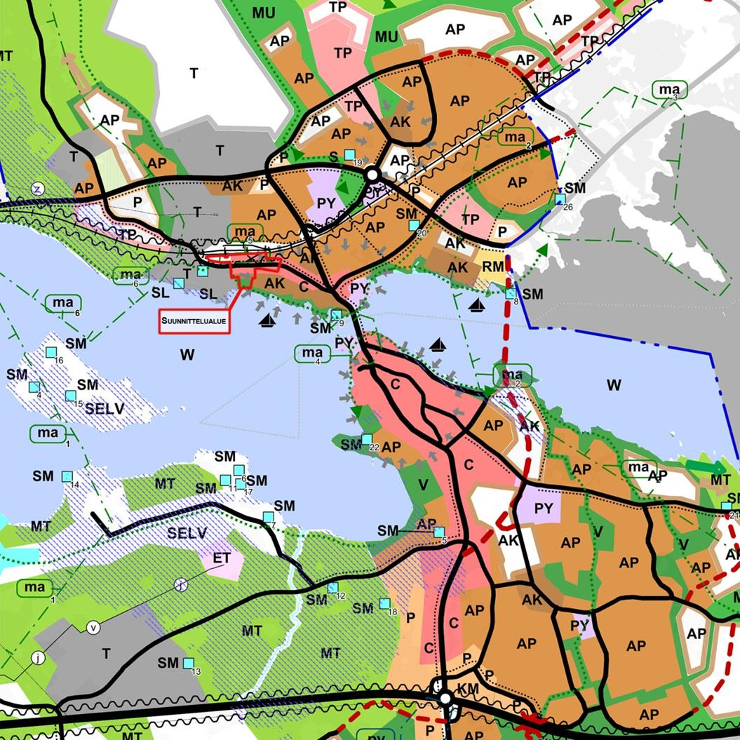 2.4.5. Yleiskaava Sastamalan keskustaajaman rakenneosayleiskaavassa, joka on saanut lainvoiman 12.6.2014, alueella on merkinnät C, AK, V ja ma.