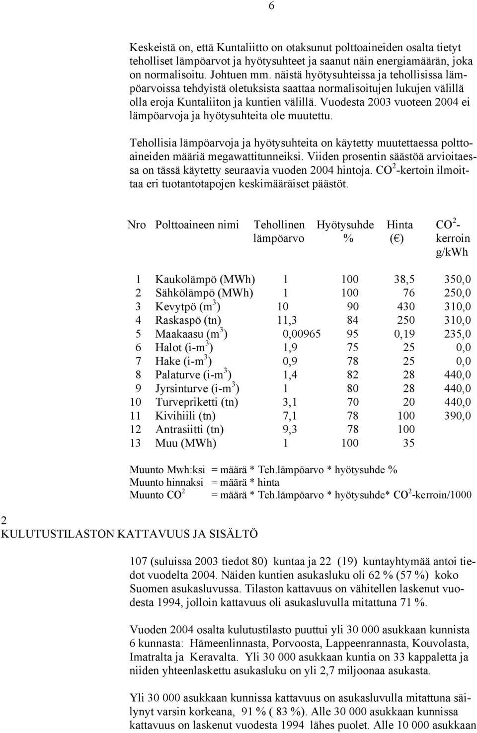 Vuodesta 2003 vuoteen 2004 ei lämpöarvoja ja hyötysuhteita ole muutettu. Tehollisia lämpöarvoja ja hyötysuhteita on käytetty muutettaessa polttoaineiden määriä megawattitunneiksi.