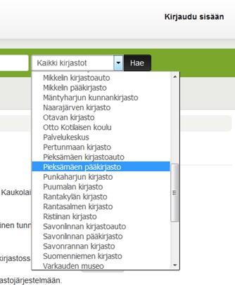 Tässä vaiheessa voit tarkentaa Vasemmasta palstasta haun tyypin (nimeke, tekijä ), oletuksena on aineistoluettelohaku, joka