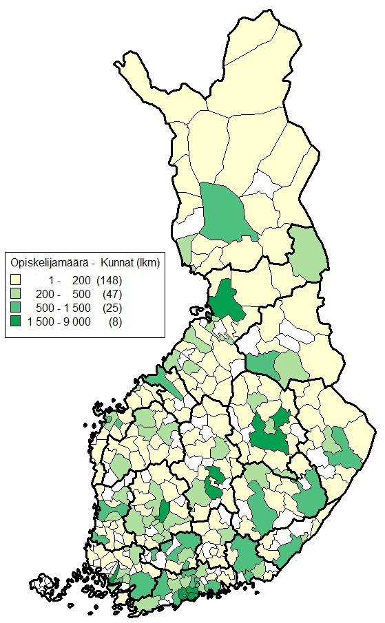 Lukiokoulutusta järjestävät kunnat* ja opiskelijamäärä 20.1.