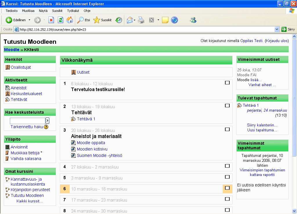 KUVA 8 Moodle-verkko-oppimisympäristön esimerkkinäkymä opiskelijalle. (Forssan ammatti-instituutti c.) 4.2.