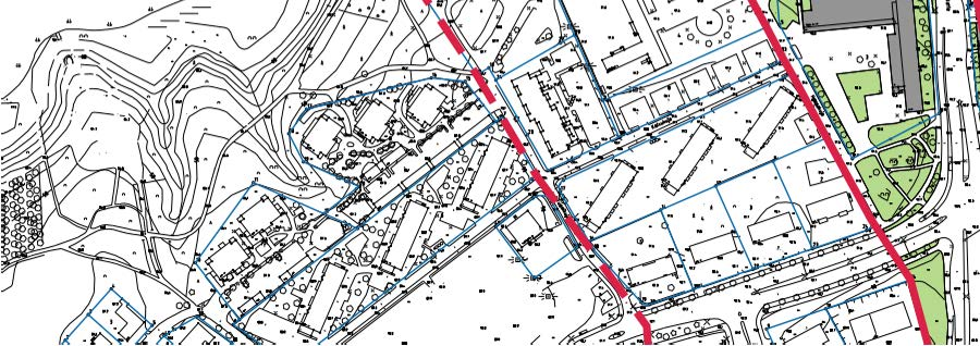 Vihilahden asemakaava-alue nro 8611 pohjakartalla, nykytilanne. Pyhäjärven vesialue (sininen).