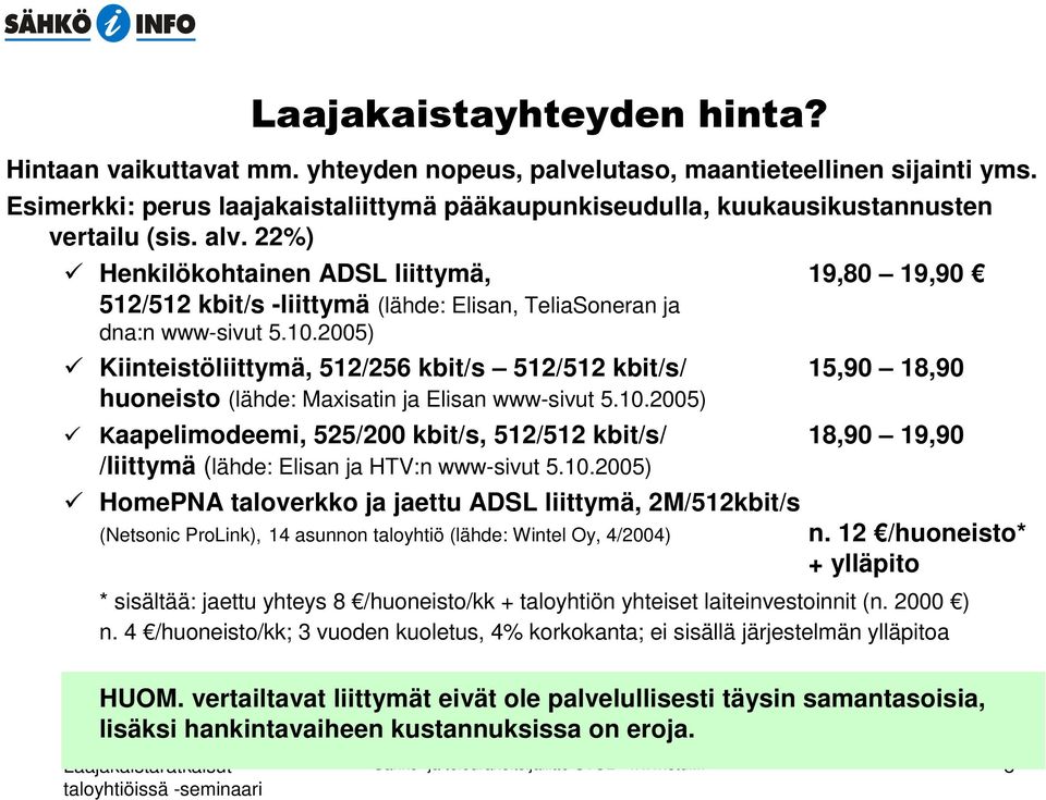 2005) Kiinteistöliittymä, 512/256 kbit/s 512/512 kbit/s/ 15,90 18,90 huoneisto (lähde: Maxisatin ja Elisan www-sivut 5.10.