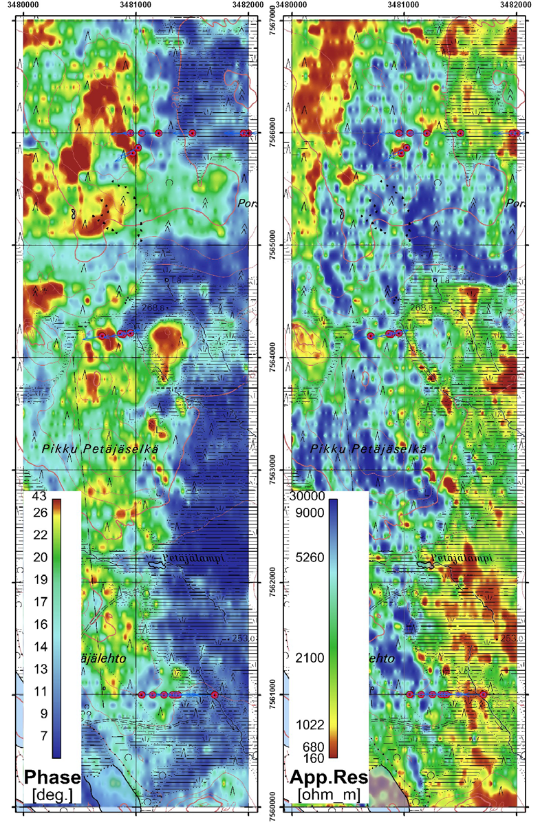 10 Kuva 9. Sähkömagneettisten VLF-R mittausten tulokset Petäjälehdon alueelta; vaihekulma vasemmalla ja näennäinen ominaisvastus oikealla. Kuviin on merkitty punaisilla pisteillä myös kairauspisteet.