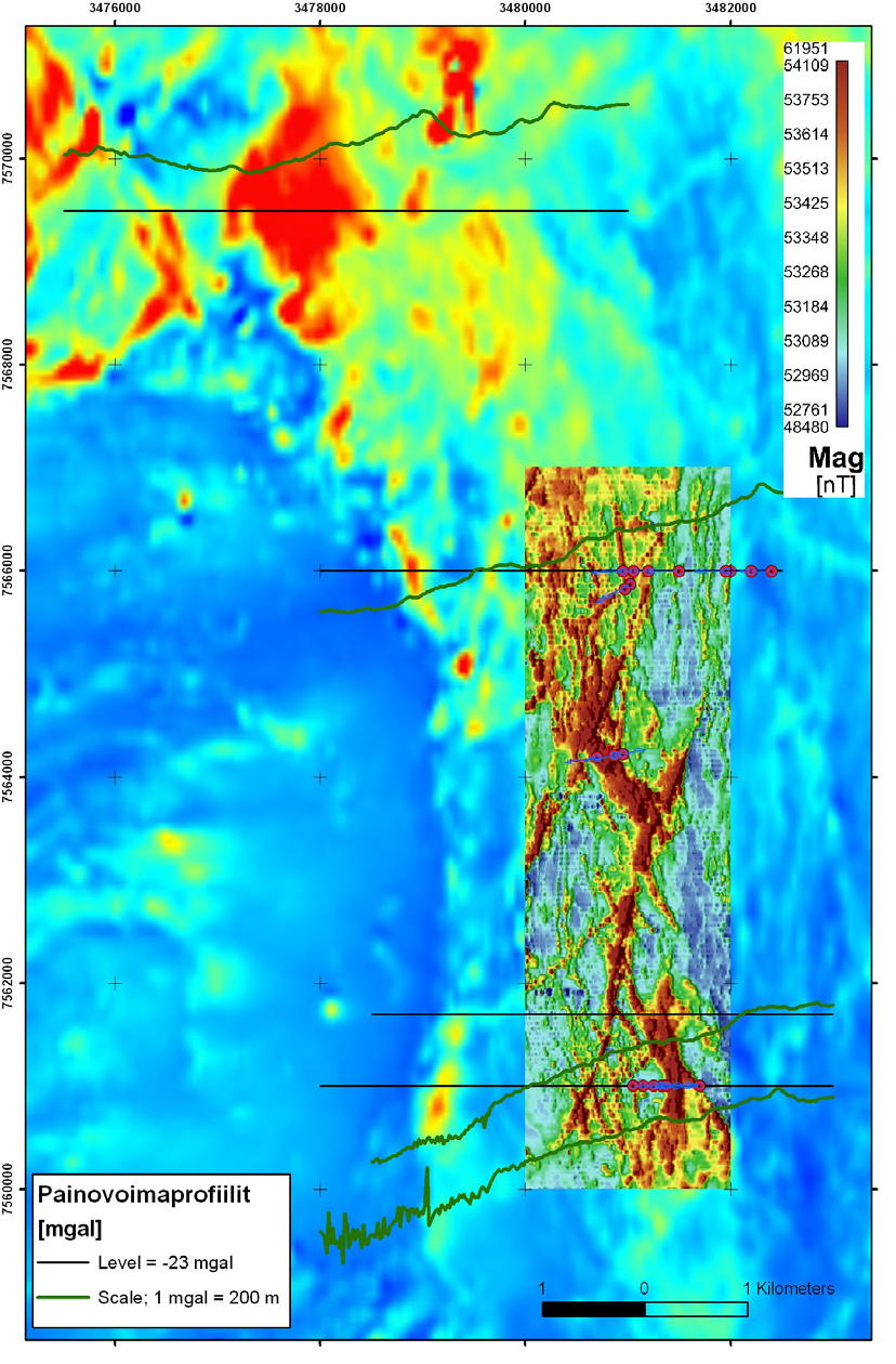 11 Kuva 10. Petäjälehdon tutkimusalueella mitatut painovoimaprofiilit aeromagneettisella kartalla.