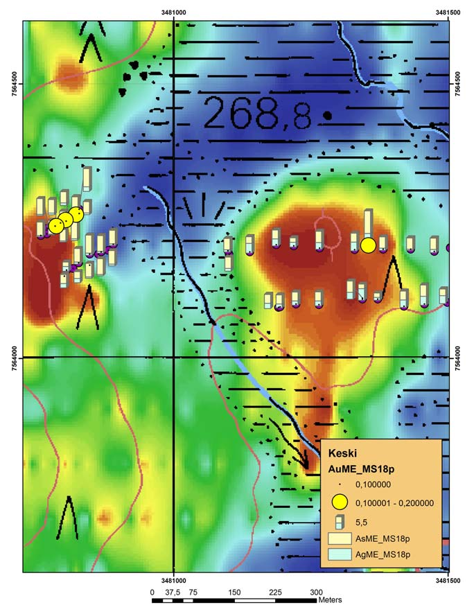 17 4.2 MMI -tutkimukset MMI-tuloksissa kallioperän hydrotermisesti muuttuneet vyöhykkeet näyttäisivät tulevan esiin. Kultapitoisuudet eivät tosin ole kovin korkeat, mutta esim.