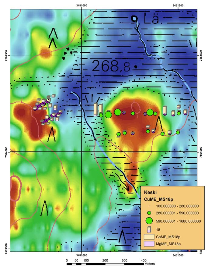 18 Kuva 16. MMI-näytteiden Cu-, Ca- ja Mg-pitoisuudet Petäjälehdon keskiosassa. (Pohjakartta Maanmittauslaitos, lupa nro 13/MYY/09). Fig. 16. Cu, Ca and Mg concentrations of the MMI samples in the middle of the Petäjälehto exploration area.