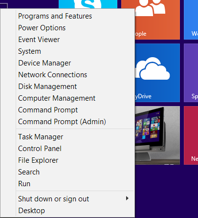 Käynnistys-painike työpöytätilassa Pikavalikko Kun napautat Käynnistä-painiketta ja pidät sitä painettuna, pikavalikko tulee näkyviin ruutuna, jossa on pikavalintoja joihinkin Windows 8.