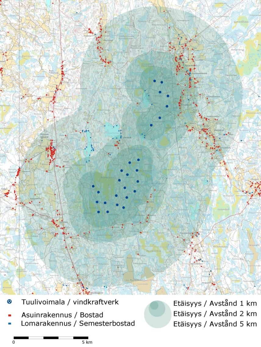 FCG SUUNNITTELU JA TEKNIIKKA OY Mikonkeitaan tuulivoimapuisto 186 etäisyydellä suunnitelluista tuulivoimaloista on yhteensä 22 vapaa-ajan asuntoa, jotka sijoittuvat pääosin hankealueen länsipuolisten