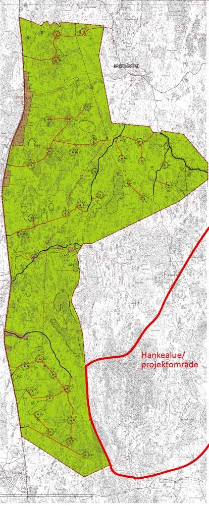 FCG SUUNNITTELU JA TEKNIIKKA OY Mikonkeitaan tuulivoimapuisto 194 Kuva 11.11. Metsälän tuulivoimapuiston osayleiskaava (Kristiinankaupunki, 2012). Hankealueen sijainti on lisätty kaavakartalle.