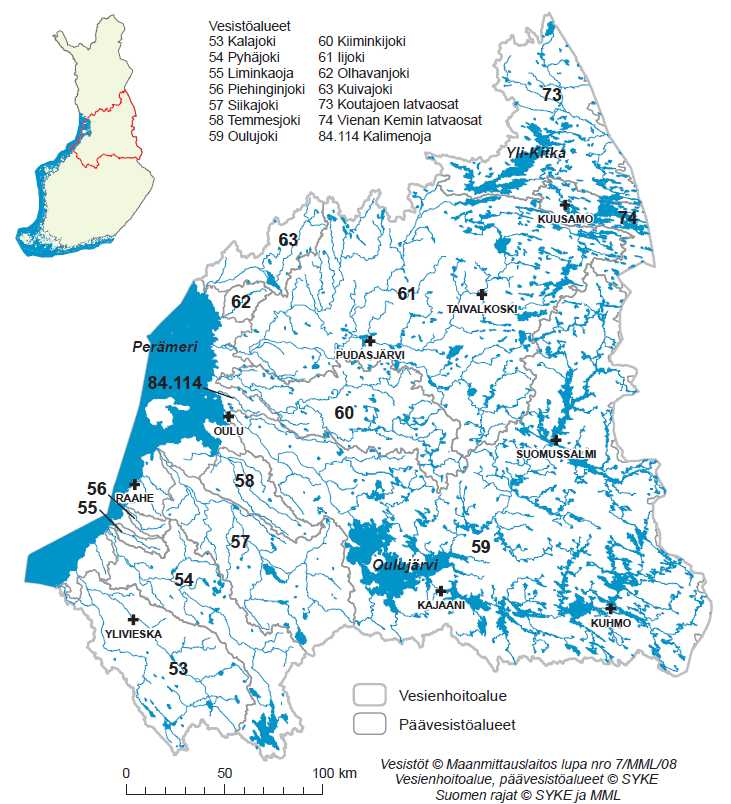 LIITE 4 Oulujoen-Iijoen vesienhoitoalueen pintavedet: - Perämereen laskevat vesistöt Kalajoelta Kuivajoelle - Kuusamosta itään laskevat latvavedet - Jako vesimuodostumiin (joki/joen