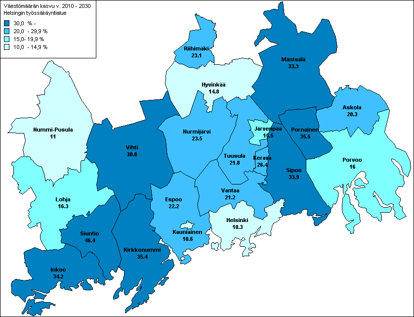 Väestönkasvu (%) Helsingin työssäkäyntialueella kunnittain v.