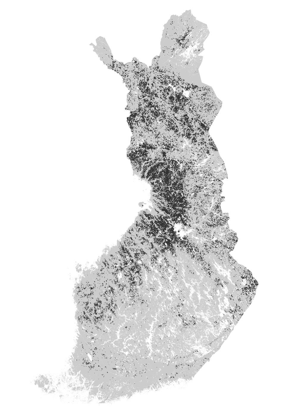 Tuttu suokartta hieman eri versiona: ne 1 km 2 ruudut, joiden maapinta-alasta yli puolet on turvemaata.