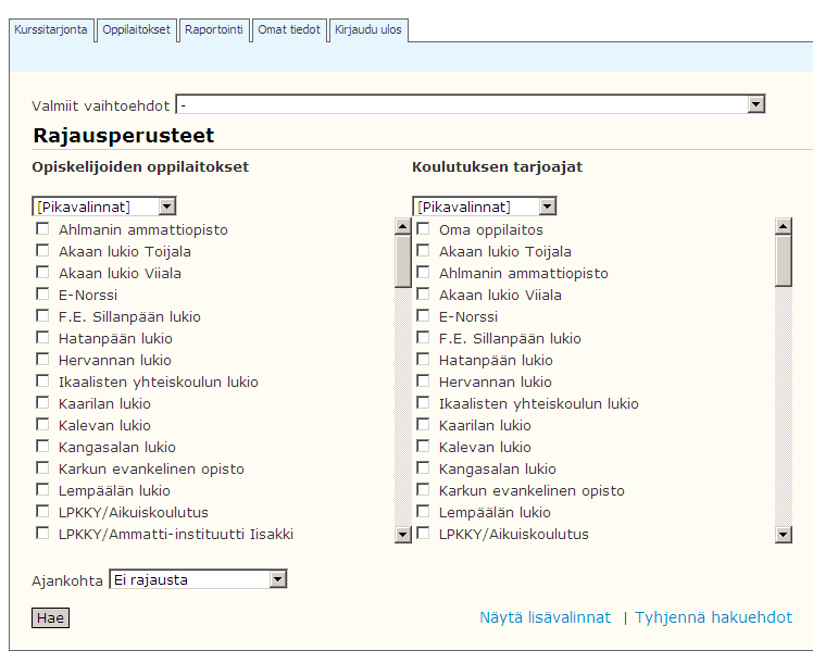 Kurssitietojen raportoiminen Tarjottimella olevia