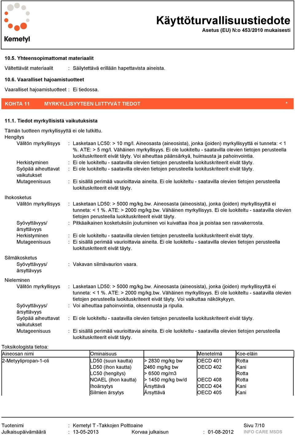 Aineosasta (aineosista), jonka (joiden) myrkyllisyyttä ei tunneta: < 1 %. ATE: > 5 mg/l. Vähäinen myrkyllisyys.