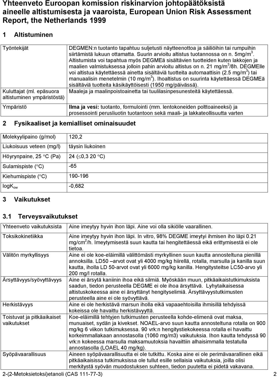 5mg/m 3. Altistumista voi tapahtua myös DEGMEä sisältävien tuotteiden kuten lakkojen ja maalien valmistuksessa jolloin pahin arvioitu altistus on n. 21 mg/m 3 /8h.