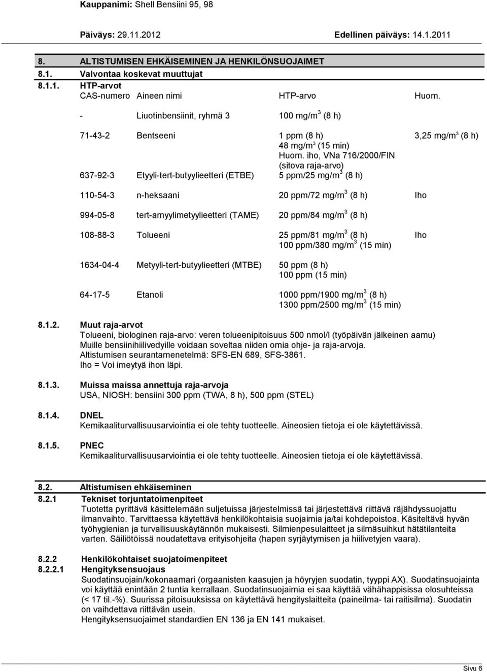 iho, VNa 716/2000/FIN (sitova raja-arvo) 637-92-3 Etyyli-tert-butyylieetteri (ETBE) 5 ppm/25 mg/m 3 (8 h) 110-54-3 n-heksaani 20 ppm/72 mg/m 3 (8 h) Iho 994-05-8 tert-amyylimetyylieetteri (TAME) 20