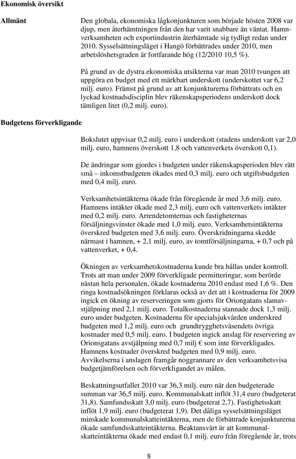 Budgetens förverkligande På grund av de dystra ekonomiska utsikterna var man 2010 tvungen att uppgöra en budget med ett märkbart underskott (underskottet var 6,2 milj. euro).