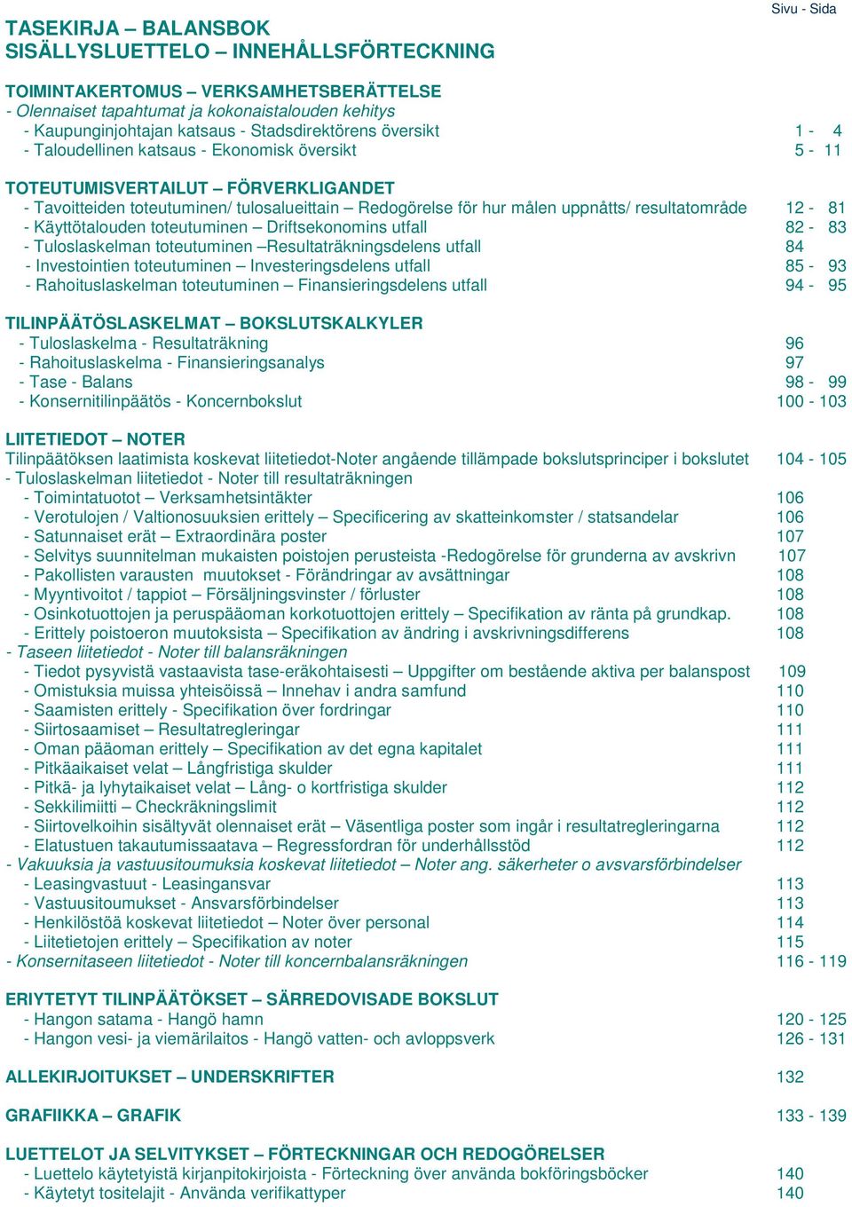 resultatområde 12-81 - Käyttötalouden toteutuminen Driftsekonomins utfall 82-83 - Tuloslaskelman toteutuminen Resultaträkningsdelens utfall 84 - Investointien toteutuminen Investeringsdelens utfall