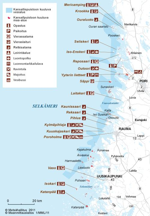 Kuva 1: Selkämeren kansallispuisto (Lähde: Metsähallitus 2014a) Kansallispuiston perustaminen käynnistyi vuonna 1995 ja aluksi nimenä käytettiin Raumanmeren kansallispuistoa (Vauras 2009, 6).