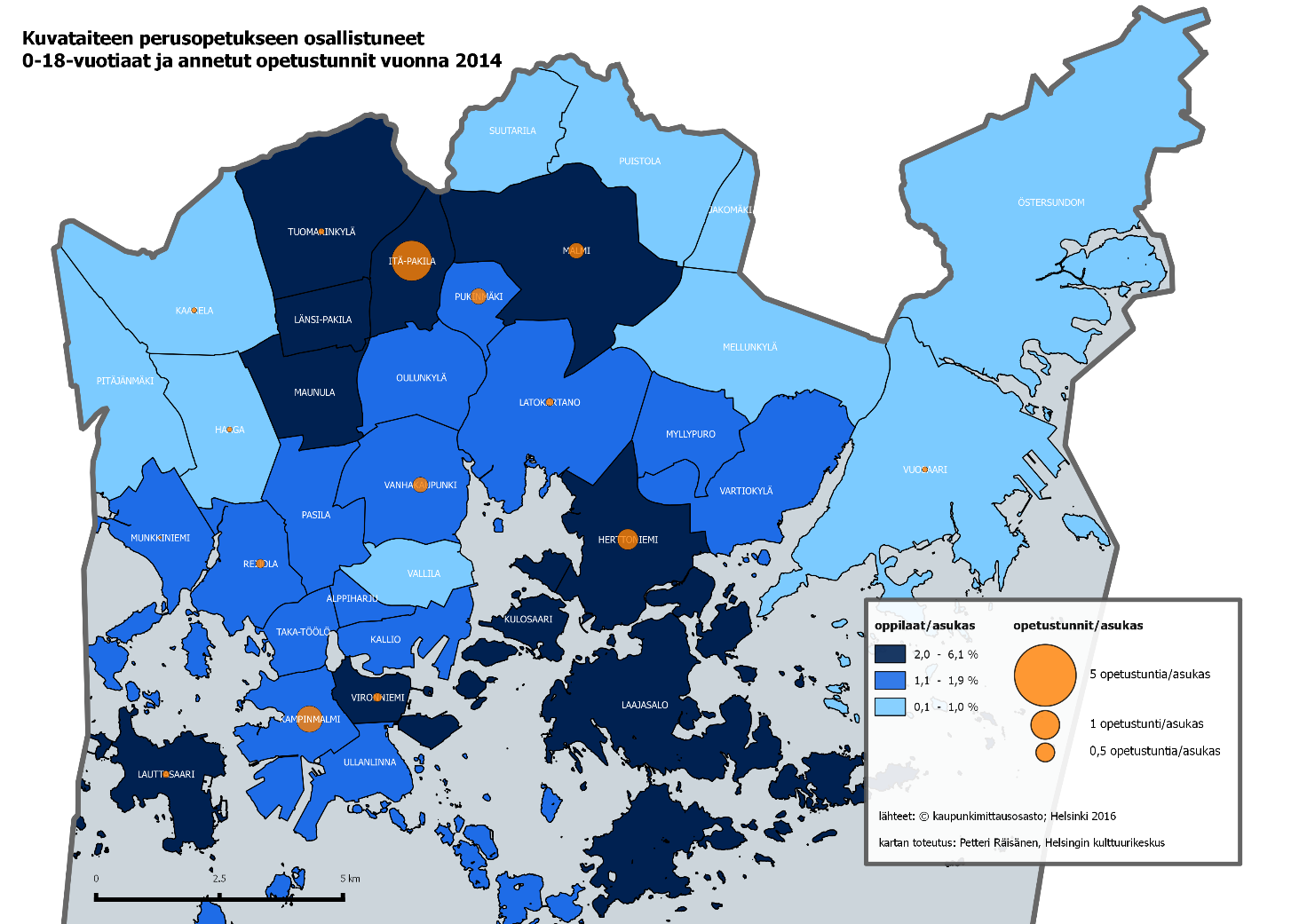 Kuvataiteen perusopetukseen vuonna 2014 osallistuneet 0-18-vuotiaat oppilaat ja annetut opetustunnit peruspiireittäin esitetään kartassa 1.