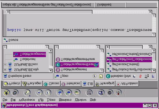 Kuva 6: EJB-välilehti. 5 Liittymät muihin työkaluihin Palvelinpuolen Java-sovellukset voidaan nopeasti julkistaa WebSphere Studioon, missä web-kehittäjä voi edelleen muokata web-sivuja.