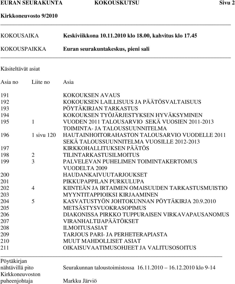 TYÖJÄRJESTYKSEN HYVÄKSYMINEN 195 1 VUODEN 2011 TALOUSARVIO SEKÄ VUOSIEN 2011-2013 TOIMINTA- JA TALOUSSUUNNITELMA 196 1 sivu 120 HAUTAINHOITORAHASTON TALOUSARVIO VUODELLE 2011 SEKÄ TALOUSSUUNNITELMA