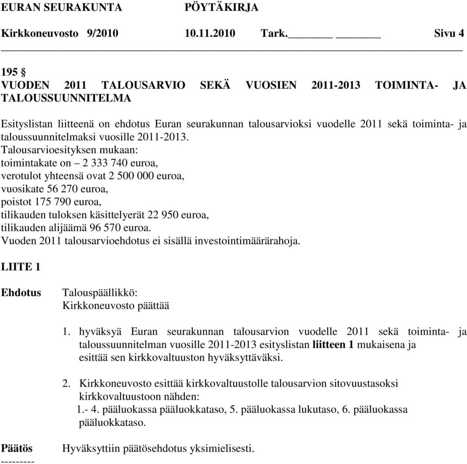 taloussuunnitelmaksi vuosille 2011-2013.
