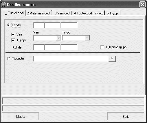 1.20 Koodien muutos 32KooMuu 1.20.1 Yleistä Ohjelmalla saadaan muutettua tuotekoodi, materiaalikoodi, värikoodi, tuotekoodin muoto tai tyyppi toiseksi, vaikka ko. koodit olisivat jo käytössä.