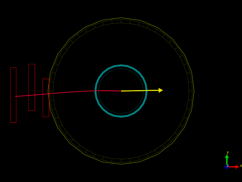 Kuva 4: Törmäystapahtumassa syntyneen -bosonin havaitseminen sen hajoamistuotteiden eli myonin (punainen jälki) ja neutriinon (puuttuva energia, keltainen nuoli) avulla ispy -visualisointiohjelmassa