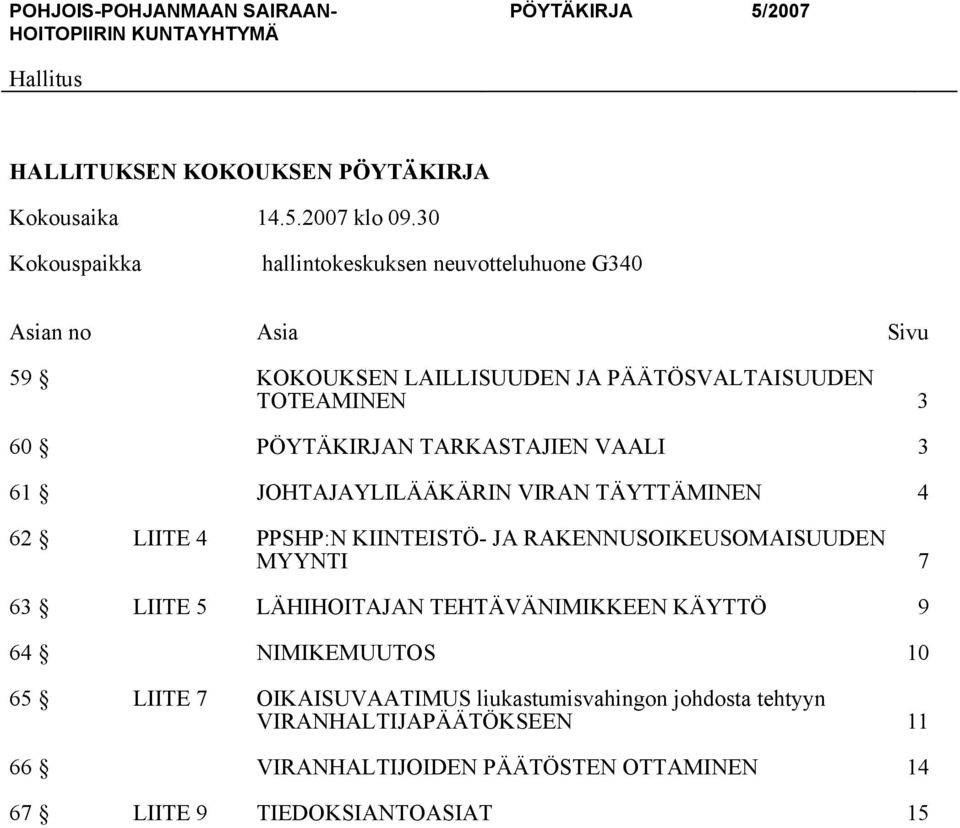 PÖYTÄKIRJAN TARKASTAJIEN VAALI 3 61 JOHTAJAYLILÄÄKÄRIN VIRAN TÄYTTÄMINEN 4 62 LIITE 4 PPSHP:N KIINTEISTÖ- JA RAKENNUSOIKEUSOMAISUUDEN MYYNTI 7 63