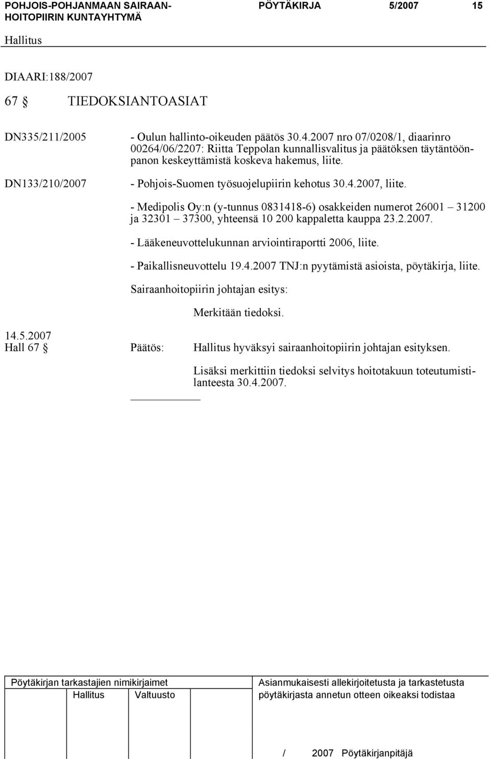 - Medipolis Oy:n (y-tunnus 0831418-6) osakkeiden numerot 26001 31200 ja 32301 37300, yhteensä 10 200 kappaletta kauppa 23.2.2007. - Lääkeneuvottelukunnan arviointiraportti 2006, liite.