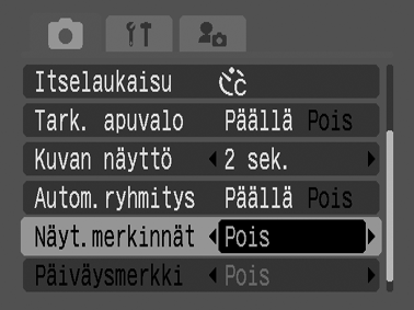 Näytön merkintöjen valitseminen Kuvaustila Voit tarkistaa kohteen kohdistuksen vaaka- ja pystysuunnassa, kuten myös kuvasuhteessa 3:2 olevan tulostusalueen nestekidenäytössä käyttämällä kuvattaessa