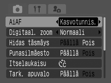 Siirtyminen tarkennustilojen välillä Kuvaustila Valitse jokin seuraavista kolmesta tarkennusmenetelmästä. (Ei tarkennusaluetta) Kasvotunnis.