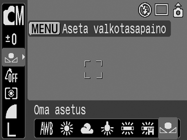 Mukautetun valkotasapainon käyttäminen Saat parhaat mahdolliset kuvausolosuhteiden asetukset määrittämällä mukautettu valkotasapaino niin, että kamera arvioi kohteen, kuten valkoisen paperin, liinan