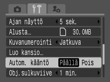 Automaattisen kääntötoiminnon asettaminen Kuvaustila Kamerassa on suunta-anturi, joka havaitsee, jos kuva otetaan pystysuorassa olevalla kameralla, ja kääntää kuvan automaattisesti oikeansuuntaiseksi