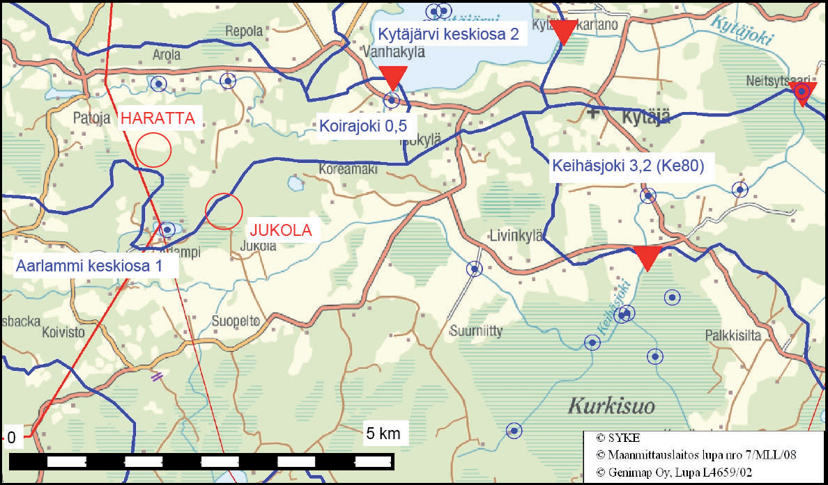 70 Kuva 8-1. Kytäjän valuma-alueiden, purkupisteiden (punaiset kolmiot), pintaveden tarkkailupisteiden (siniset ympyrät) ja louhinta-alueiden likimääräiset sijainnit.