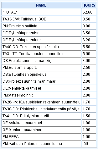 Työtunnit per ryhmän jäsen (8/8) Risto: toteutuneet tunnit PP + I1 Toteutuneita tunteja oli 20 vähemmän kuin suunniteltuja Varsinaiseen toteuttamiseen eikä siten myöskään