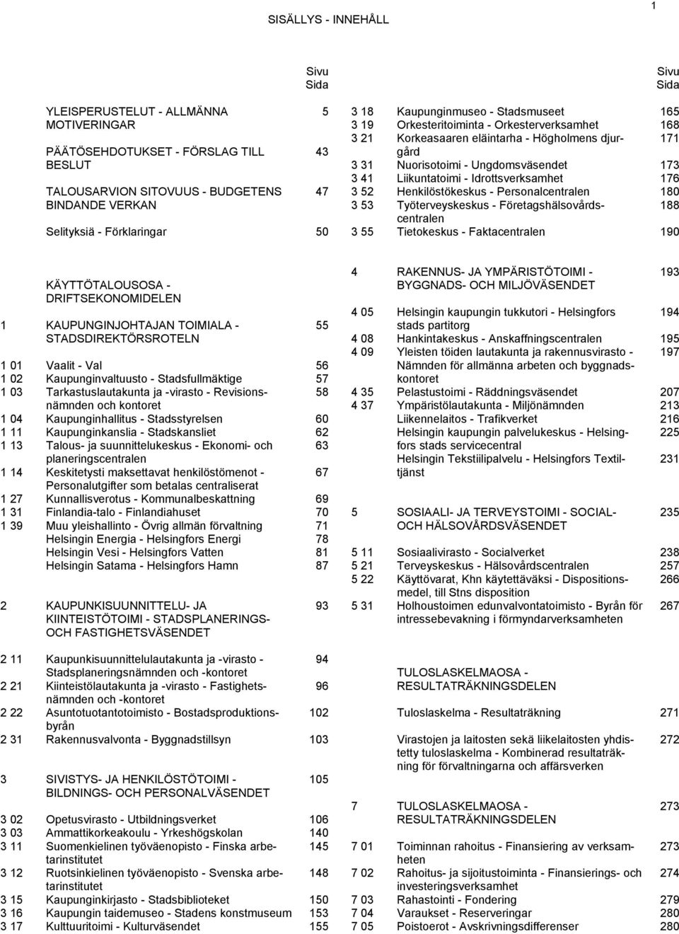 Liikuntatoimi - Idrottsverksamhet 176 3 52 Henkilöstökeskus - Personalcentralen 180 3 53 Työterveyskeskus - Företagshälsovårdscentralen 188 3 55 Tietokeskus - Faktacentralen 190 KÄYTTÖTALOUSOSA -