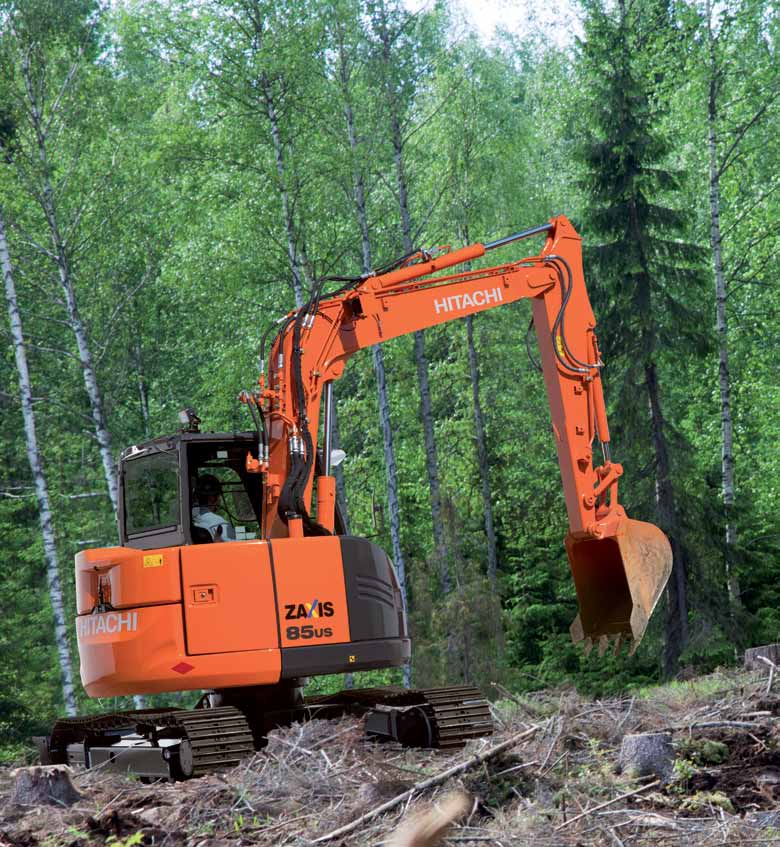 ZX85US-5 TUOTTAVUUS ZAXIS 85US on suunniteltu toimimaan tehokkaasti aiempia malleja pienemmällä polttoaineen kulutuksella, mutta silti se tarjoaa sen korkean tuottavuustason, jota asiakkaamme