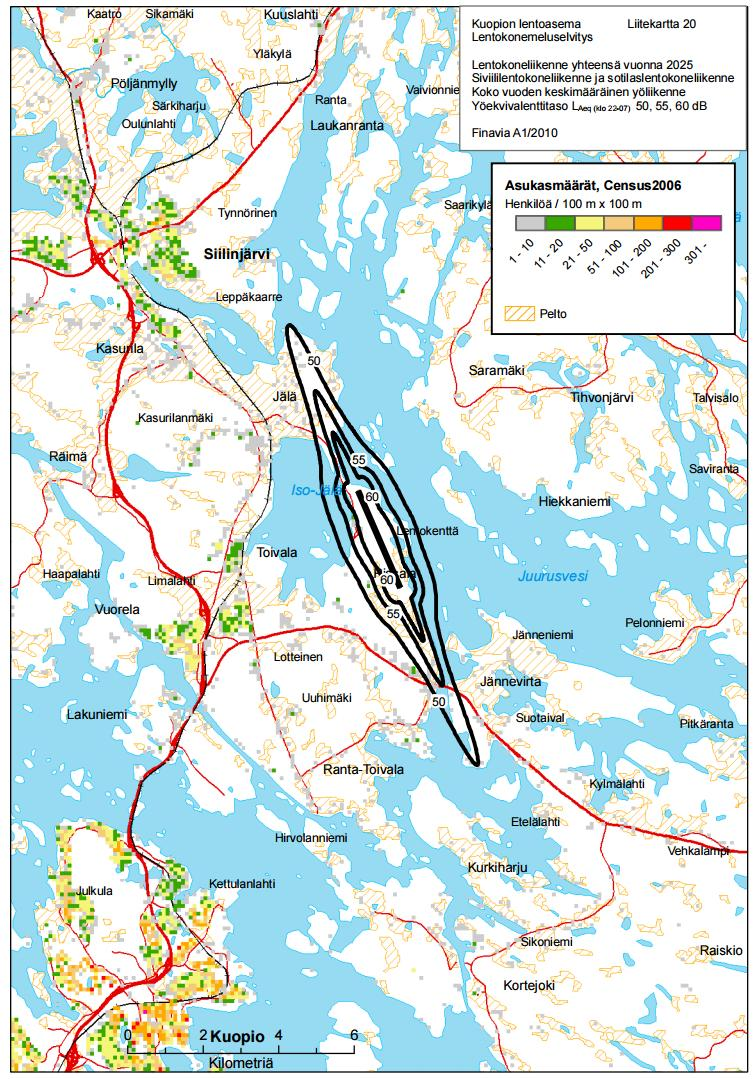 Kuva 16-19. Lentomelun ennustemallit vuonna 2025 LAeq klo 07-22 (vasemmalla) ja LAeq klo 22-07 (oikealla), kaikki lentomelulähteet (siviili- ja sotilaslennot) Kuopion Rissalan lentokenttä.