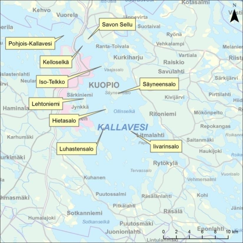 Taulukko 16-6. Nordic-verkkokoekalastusten keskimääräiset tulokset alueittain Etelä- Kallavedellä vuonna 2012. Kohteiden sijainti ilmenee kuvasta Kuva 16-14.