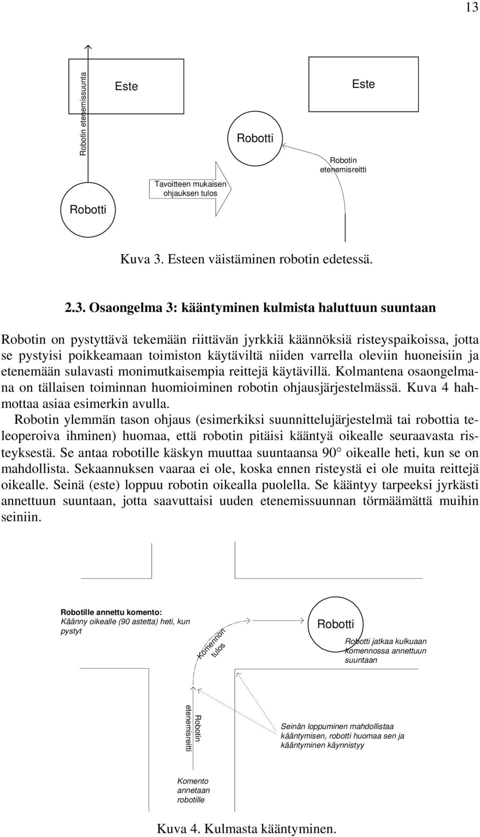 sulavasti monimutkaisempia reittejä käytävillä. Kolmantena osaongelmana on tällaisen toiminnan huomioiminen robotin ohjausjärjestelmässä. Kuva 4 hahmottaa asiaa esimerkin avulla.