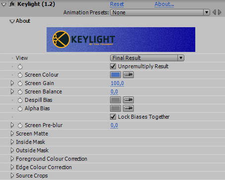 KUVA 20. Keylight-työkalun perusvalikko Adobe After Effects -ohjelmassa. Keying-prosessissa ilmeni muutama isompi ongelma.