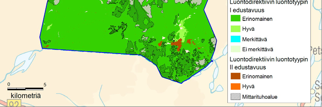 Kuva 4. Luontodirektiivin luontotyyppien edustavuus ja hyönteistuhojen alue. Tunturimittareiden mm.