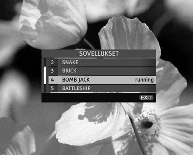 Sovellusikkuna Jos kyse on manuaalisista sovelluksista, OK-näppäimellä saat näkyviin Sovellukset-ikkunan, josta voit valita haluamasi sovelluksen. Paina OK-näppäintä uudelleen valitessasi sovelluksen.