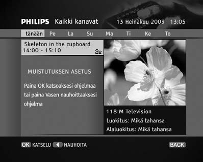 Ohjelmaopas 4.11 Ohjelmaopas Vastaanottimessa on ohjelmaopastoiminto. Kun haluat nähdä kaikki ohjelmat, joita senhetkinen kanava lähettää, paina GUIDE -näppäintä.